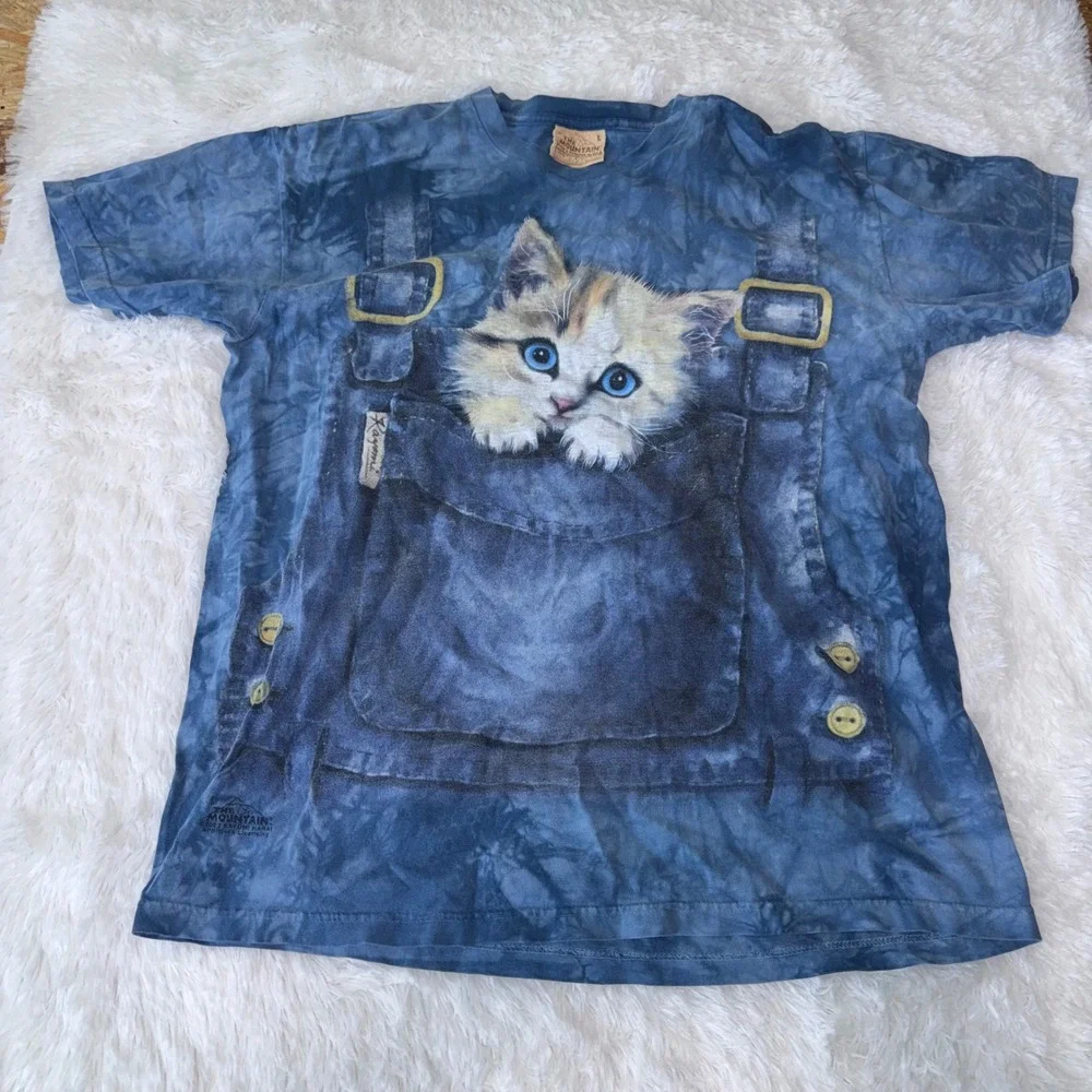 The Mountain T Shirt Mens Large Blue Tie Dye Kitten‎ Overalls Graphic Tee vtg